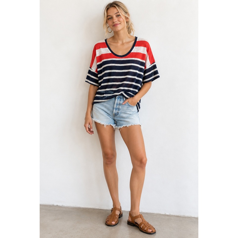 Red White Blue Striped Slub Knit Scoop Neck Top S 100% Cotton French Aesthetic
